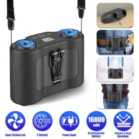 16000mAh 4 In 1 Dual-Turbine Waist Clip Fan Wearable Personal Fan Hands-Free with 5 Speeds LCD Display Lanyard Double As Power Bank for Jobsites