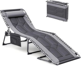 4-Fold Padded Portable Folding Outdoor Chaise Lounge Heavy Duty Reclining Chair with Pillow & Side Pocket (Color: Grey)